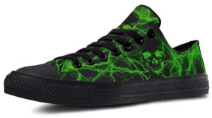 Green Lightning Skull Art Sneakers - Neon Low-Top Design