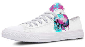 Watercolor Skull Art Low-Top Sneakers - White Artistic Footwear